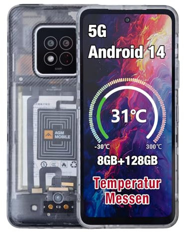 AGM X6 5G Outdoor Handy Ohne Vertrag mit Temperatursensor (2024), 8GB+128GB/512GB, 6,78'' FHD+ Display, Android 14 Robustes Wasserdicht Smartphone, 50MP+16MP, Dual SIM/Face ID/5000mAh Akku,Transparent
