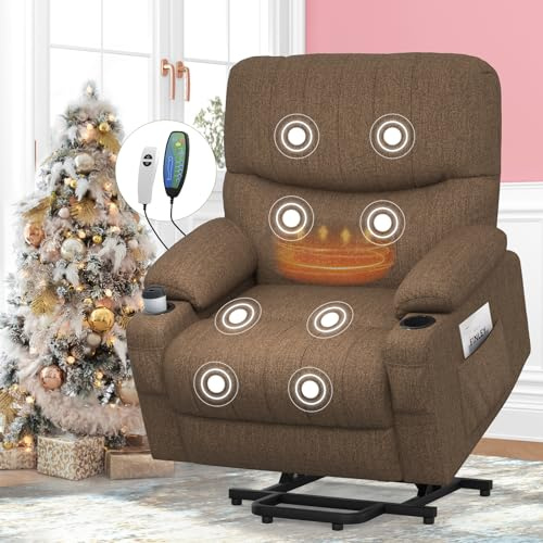 SQUEBILIFE Recliner Armchair Electric Recliner Chair with Massage & Heat, Extended Footrest, Oversized Riser Reclining Chairs Lift Chair Lounge Sofa with Type C+USB Dual Drink Holders Side Pockets