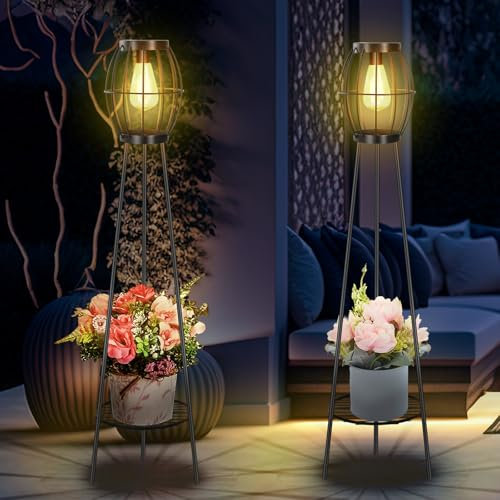Solar Outdoor Floor Lamps with Plant Stand, 2 Pack, Waterproof