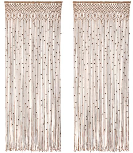 BECHAEO Boho Macrame Beaded Curtain Handmade Door Closet Curtain with Wooden Beads for Window Doorway Open Closet Bedroom Living Room Privacy Decor, 79 L x 36 W, Brown Set of 2