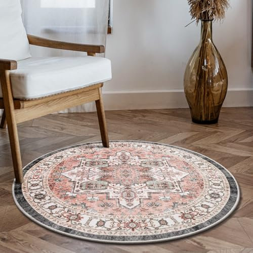 Carvapet Waschbar Teppich - Rund 90cm rutschfest, Dünner Teppich, Rosa Retro Medaillon, für Wohnzimmer & Schlafzimmer