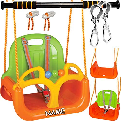 alles-meine.de GmbH Gitterschaukel Modell + Farbwahl 2 TLG. Set - Schaukel + Türreck - incl. Name - mitwachsend & umbaubar - Babyschaukel - mit Gurt - ORANGE/GRÜN/GELB - ..