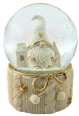 Dekohelden24 Schüttelkugel, Glaskugel Weihnachten, Wichtelkugel, Schneekugel als Wichtel mit fiefgezogener Mütze auf cremefarbenen Polystonesockel, Maße H/B/Ø Kugel: ca. 9 x 6 cm/Ø 6,5 cm.