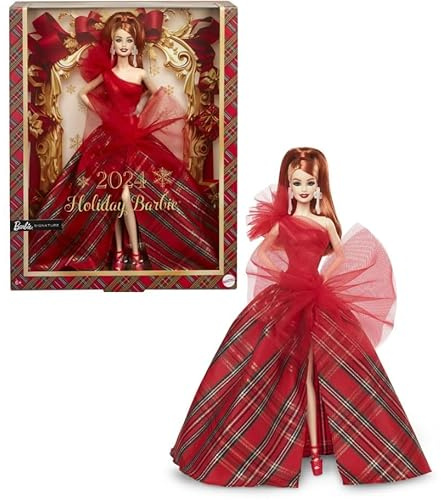 Barbie Signature Doll, 2024 Holiday Red Hair Fashion Doll Wearing Gown with Plaid Skirt, Seasonal Collector Gift in Displayable Packaging