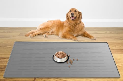 Extra-Large Silicone Dog Mat, 47.3x31.5 Inches Dog Cat Feeding Mat with High Lips, Non-Slip Pet Dog Cat Bowl Mats Placemat, Waterproof Dog Cat Food Mats, Easy to Clean, Light Gray
