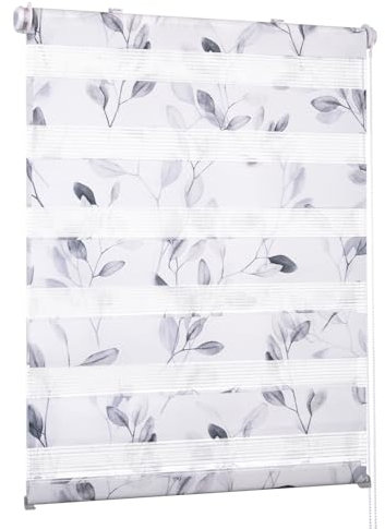 Doppelrollo Klemmfix ohne Bohren Weiß-blätter B75 x H120 cm (Stoffbreite 71cm) Doppelrollo mit Muster, Duo Rollos für Fenster ohne Bohren Rollos mit Motiv, Seitenzugrollo Lichtdurchlässig