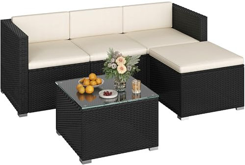 Yaheetech 5er Gartenmöbel Set Balkonmöbel Set aus PE-Rattan Wetterfest Terassenmöbel Außen mit 2 Ecksofa & Sofa & Stuhl & Beistelltisch & Sitzkissen für Garten/Balkon/Terrasse, Schwarz & Beige