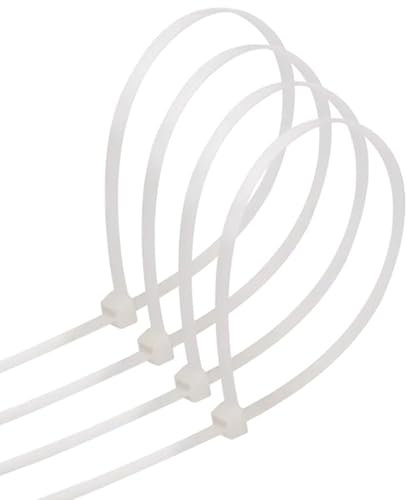 Bridas de nylon blancas, 20 unidades, medidas de 7,2 x 350 mm, con alta resistencia. Perfectas para la organización y sujeción en proyectos eléctricos y jardinería.