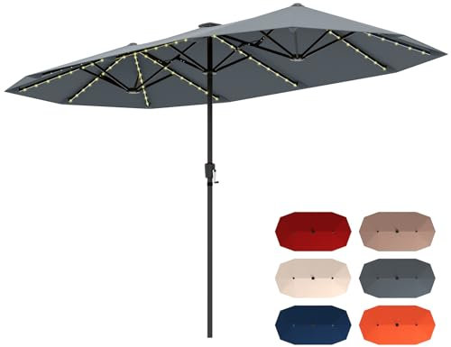 COSTWAY Sombrilla Terraza Exterior Doble 380×200 cm, Sombrilla Doble para Jardin con Manivela y 12 Varillas Resistente,Parasol Terraza Exterior para Mercado Jardín Patio (Gris, 380×200 cm con Luz)
