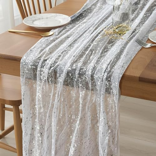 Tischläufer Spitze, 70 x 300cm Table Runner mit Glitzer Aluminiumfolie, Elegant Tischdecke Spitze, Läufer Tisch Spitzen Tüllstoff für Partys, Bankett, Hochzeiten, DIY Kreativität (Silber)