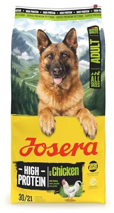 JOSERA Adult High Protein Huhn (1 x 12,5 kg) | Premium Trockenfutter für ausgewachsene & sportliche (Zucht-) Hunde | Huhn & Lachsöl | glutenfrei & proteinreich | L-Carnitin & Taurin | 1er Pack