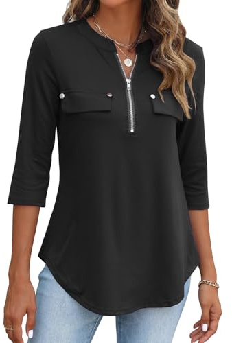 BDTECAOR Bluse Damen Elegant 3/4 Arm Shirt V Ausschnitt Work Oberteile | Dreiviertelarm Business Outfit mit Reißverschluss, knitterfest & bügelfrei, Ziertaschen, Kurvensaum, A-Linie, Büro & Freizeit