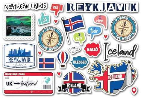 Vinyl-Aufkleber, Motiv: Wahrzeichen Island, Reykjavik, Nordlichter, Landkarte, Flagge, Reisen, Urlaub, Landsprache, Stadt, Scrapbook, #83344