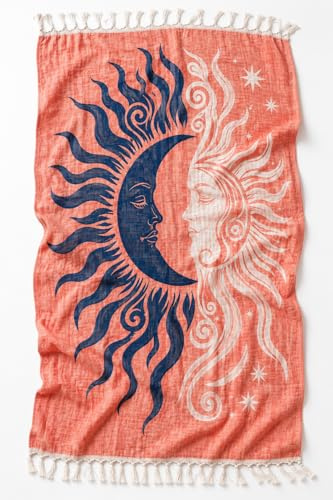Türkisches Musselin Pestemal Doppelseitiges Hamamtuch aus Baumwolle, Koralle mit Sonne und Mond Muster, 3-lagiges Jacquardgewebe, leicht, schnell trocknend, für Bad, Strand, Sofa (Rosa-Blau)