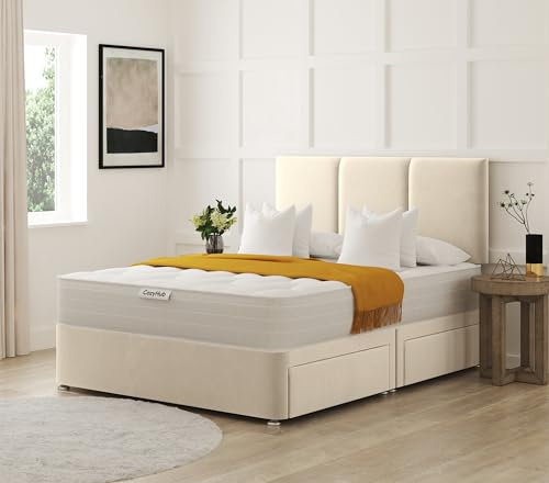 COZY HUB LTD Panel Line Plush Velvet Divan Bed with 10 Inch Ortho Tufted Mattress & Headboard – Luxury Divan Set with Drawer Storage Options. (Cream, 4Ft- 2 Drawers)