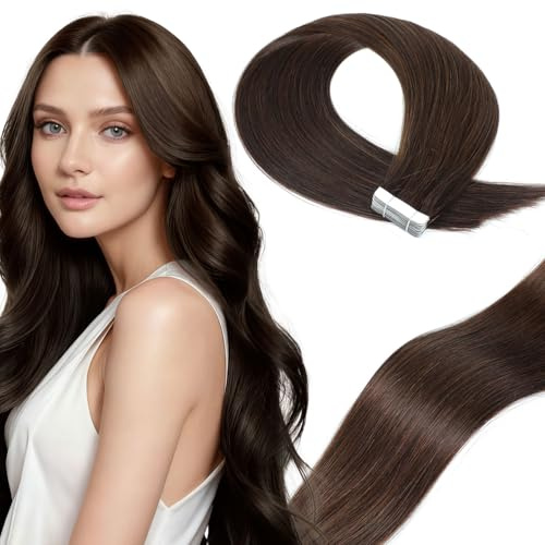 LieblichWelle Tape Extensions Echthaar Dunkelbraun 60cm, 20Stück, 50g/Packung, Salon-Klasse Qualität, Einfaches und Angenehmes Tragen für Junge Frauen (Dunkelbraun, 60 cm)