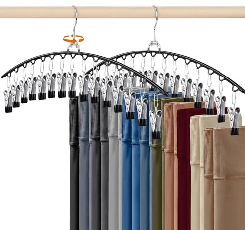 HONZUEN Grucce con Pinze, 2 Pezzi Salvaspazio per Pantaloni e Armadio | Struttura in metallo | 15 clip per grucce | Organizer armadio salvaspazio | Per gonne, leggings e sciarpe
