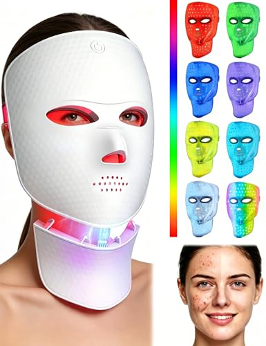 TOOHAO Led Face & Neck Masks, 8 Color Modes Facial Skin Care Mask, Cordless Red Light Infrared Therapy Mask for Anti-Ageing & Blemish Repair