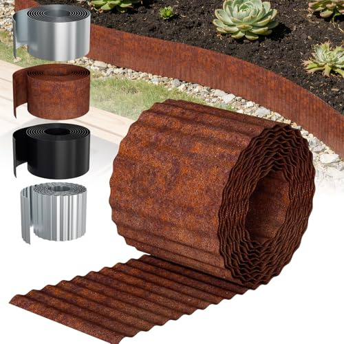 Peviasot Rasenkante 15 m, 15 cm hoch, Beeteinfassung aus Metall, 0,3 mm Stahl mit umgelegten Kanten, Wellenprofil in Rostoptik, Beetumrandung für Garten