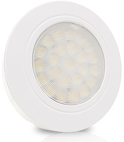trendlights24 Lucca LED Möbel Einbaustrahler Weiß rund 5er Set 2W 12V DC Warmweiß, 200lm flach 10mm, 2m Zuleitung AMP-Stecker, inkl. AMP-Verteiler & Trafo