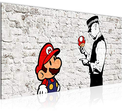 Runa Art Wandbild Mario and Cop Banksy 1 Teilig 100 x 40 cm Modern Bild auf Vlies Leinwand Street Art Jugendzimmer Wohnzimmer Weiss Bunt 006512a