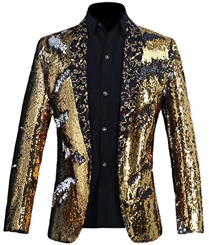 PYJTRL Herren-Blazer mit 2 Farben und glänzenden Pailletten (L, Gold + Silber)