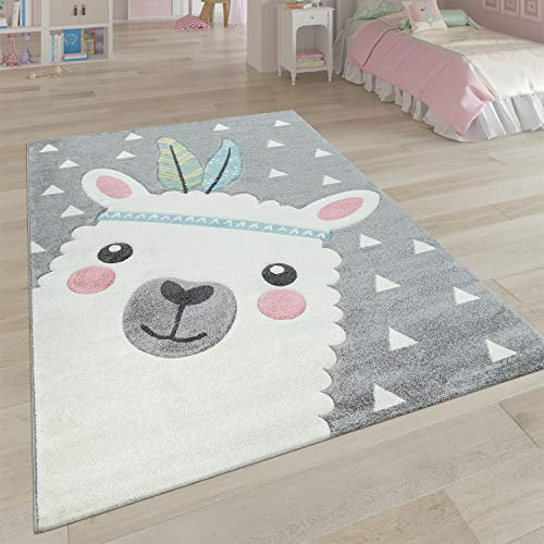 Paco Home Teppich Kinderzimmer Grau 3-D Motiv Alpaka Design Pastellfarben Weich Robust, Grösse:133 cm Quadrat
