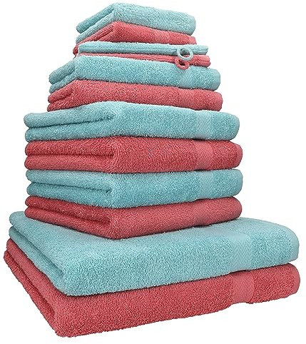 Betz 12-TLG. Handtuch Set Premium 100% Baumwolle 2 Duschtücher 4 Handtücher 2 Gästetücher 2 Seiftücher 2 Waschhandschuhe Farbe Himbeere/Ocean