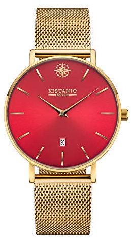 Kistanio Moyen Damenuhr mit Milanaiseband Datum Edelstahl Goldfarben Rot Saphirglas GO-RTS-M