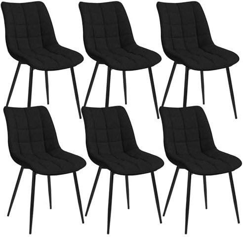 WOLTU Esszimmerstühle 6er Set Küchenstuhl Polsterstuhl Wohnzimmerstuhl Sessel mit Rückenlehne, Sitzfläche aus Leinen, Metallbeine, Schwarz BH206sz-6