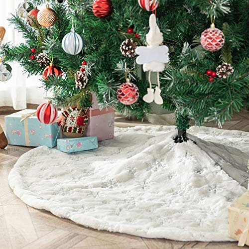 Deggodech 90cm Weihnachtsbaum Röcke Weißer Weihnachtsbaum Rock Weiß Plüsch Rund Weihnachtsbaumdecke Fell Christbaumständer Teppich für Weihnachtsfeiertag Dekorationen (Silber, 90cm/35zoll)