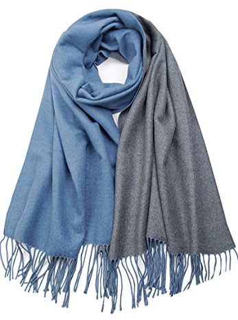 CLELLA Schal Damen Warm Herbst Doppelseite Baumwolle mit Quasten Weiche Großer Deckenschal Mehrweg (blau+grau)