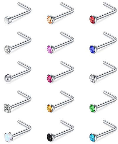 Mayhoop 15stk 20G Nasenpiercing Nasenstecker L-förmige Silber Nasenringe aus Edelstahl mit Buntem CZ-Opal für Frauen-Männer