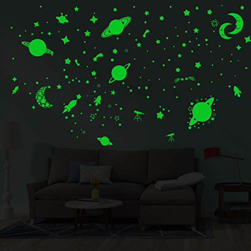 Alnicov Leuchtende Sterne und Planeten, Wandaufkleber, leuchtende Galaxie, Mond, Sterne, Rakete, Decken-DIY Wandsticker für Schlafzimmer, Wohnzimmer, Geburtstag, Weihnachten, Dekoration, Gr