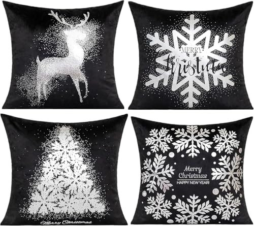 All Smiles Weihnachts-Kissenbezüge, 45,7 x 45,7 cm, 4 Stück, Winterschneeflocken, Weihnachten, Innendekoration, Samt, Navidad-Kissen für Bett, Sofa, Couch, Baum, Rentier
