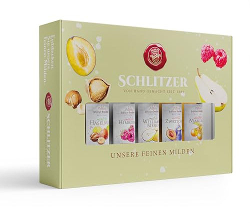 Schlitzer Milde Spirituosen Geschenkset – Tasting Box mit 5 Miniaturflaschen (0,02L) – Himbeere, Birne, Zwetschge, Haselnuss, Marille – Hochwertige Obstbrände als Geschenkidee für Genießer