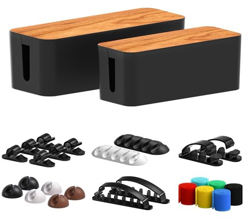 Cable Management Box 2 Pack with 16 Cable Clips Set-Large & Medium & Small Wooden Style Cable Organizer Box to Hide Wires&Power Strips | Cord Organizer Box | Cable Organizer for Home & Office [Black]