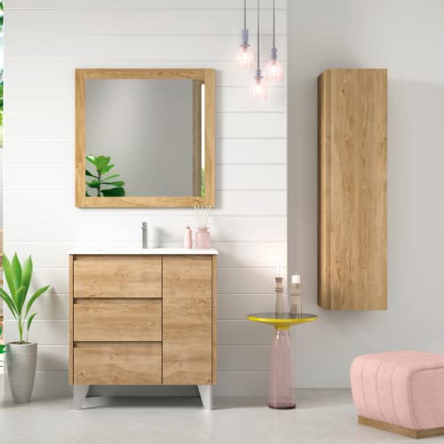 Mueble de Baño al Suelo con Lavabo Cerámico Cervino | Mueble Baño con Patas de 3 cajones y 1 Puerta con Cierre Amortiguado y Organizador Máximo Almacenamiento | Roble Natural | 90cm