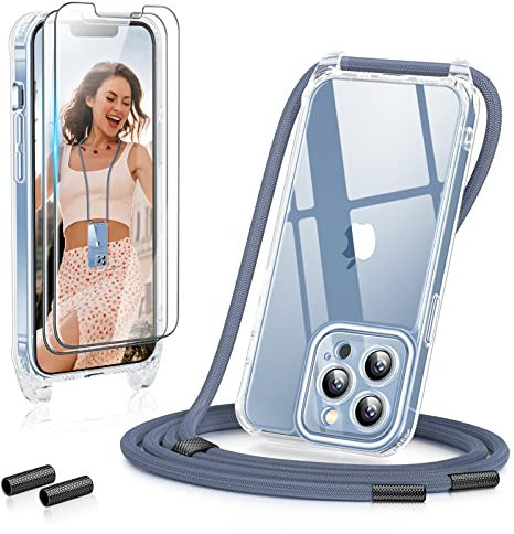 GOODVISH 3 in 1 Handykette für iPhone 13 Pro 6,1, mit 2 Stück Schutzfolie | 360°-Schutz | Kameraschutz | Necklace Hülle mit Band Handyhülle für zum Umhängen | Transparent Case mit Schnur - Blau
