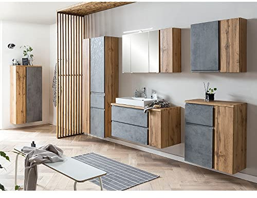Lomadox Badmöbel Komplett Set inkl. Keramik-Waschbecken Links und LED Beleuchtung in Wotan Eiche Nb. mit Beton Optik,