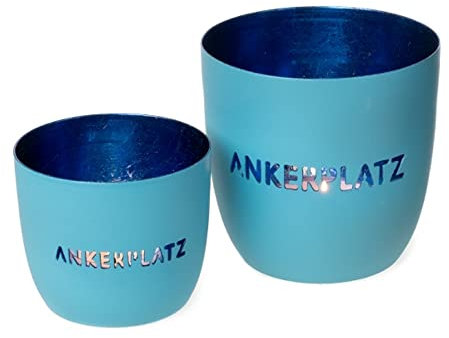 Dio Teelichthalter, 2er Satz, 'Ankerplatz', Metall, ca. 8 cm Ø x 7 cm H ca. 10 Ø x 9 cm H innen dunkelblau mit Folie, außen Aqua (Moin)