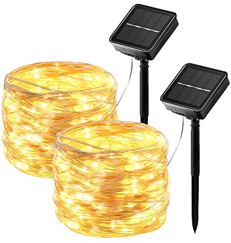 【2 Packs】Luces Solares LED Exterior Jardín, 17M 150LED Guirnaldas Luces Exterior Solar, 8 Modos de Luz a Prueba de Agua Cadena de Luces LED Solares Jardín para Interior/Jardín/Fiesta/Festivales/Árbol