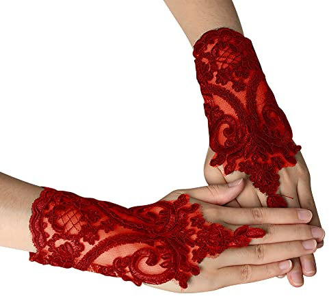 MoreChioce Vintage Spitze Hochzeitshandschuhe, Damen Brauthandschuhe Kurz Spitzenhandschuhe Fingerlose Handschuhe Blumenmuster Braut Handschuhe Halbhandschuhe für Hochzeiten Party,Rot