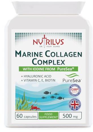 Nutrilus Marine Collagen Complex 60 Capsules 500mg with PureSea Seaweed | Iodine & Hyaluronic Acid & Vitamins - Skin & Hair & Nails & Bones & Joints - UK Made Supplement