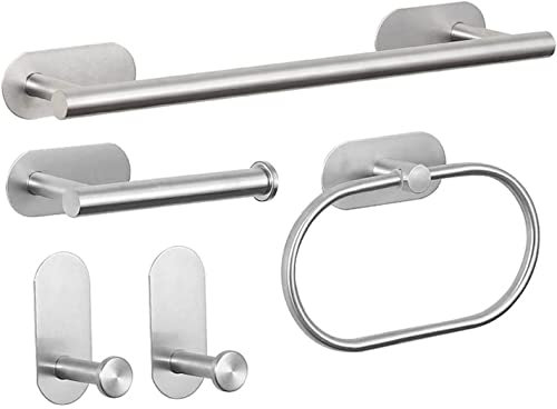 YUET Handtuchhalter Ohne Bohren, 5 Stück Edelstahl Bad Set 40CM Handtuchstange, Handtuchringe, Toilettenpapierhalter, Handtuchhaken Selbstklebend Badezimmer Küchen Zubehör Wandmontage, Silber