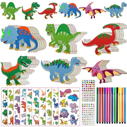 44Pcs Dinosaurier Holz Bastelset, Dinosaurier Bastelset, Kindergeburtstag Basteln, Holz Basteln Kinder, mit 30 Einhorn Holz, 12 Farbstifte, 2 Aufkleber, Basteln Kinder für Mädchen/Jungen DIY Handwerk