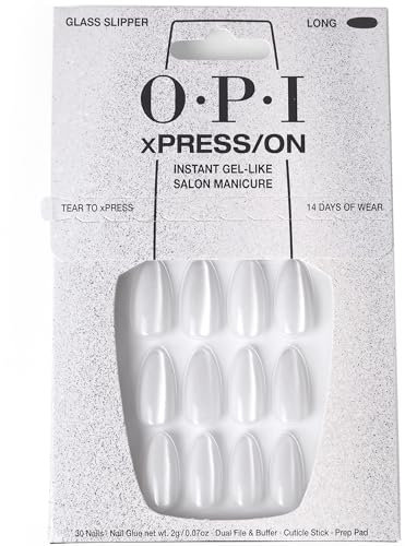 OPI xPRESS-ON Glass Slipper - Soft White Velvet Long and Almond Shaped Press On Nails - With Nail Glue - Long Lasting, Reusable and Non-Damaging False Nails