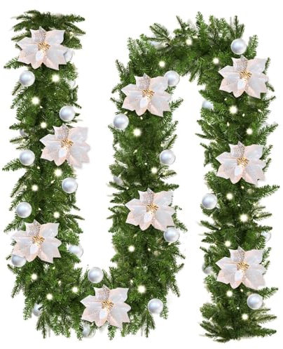 Guirnalda Navidad Escalera, TGKYK 2.7m Guirnalda de Navidad con Luces LED, Bolas y Flores, Duradero Guirnaldas Navideñas, Girlandas Navideñas para Exterior, Chimenea, Escalera (Plateado)
