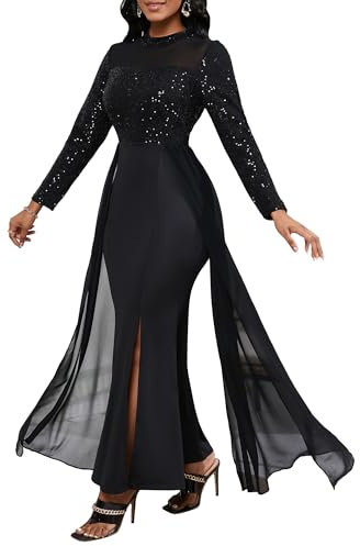 VERWIN Damen Bodycon Pailletten Kleid Mesh Chiffon Schulter Maxikleid Seitenschlitz Patchwork Overlay Kleid, Schwarz, X-Groß