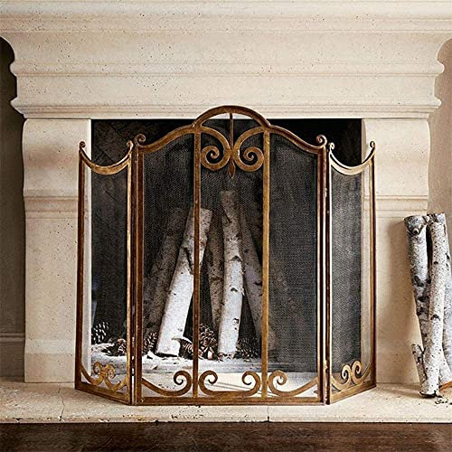 Kaminschutz, 3-teiliger Kaminschutz – robuster, schmiedeeiserner Rahmen, zusammenklappbarer Kaminzaun, freistehender Baby-Sicherheitsgitter-Spark, Retro-Gold Beautiful Scenery